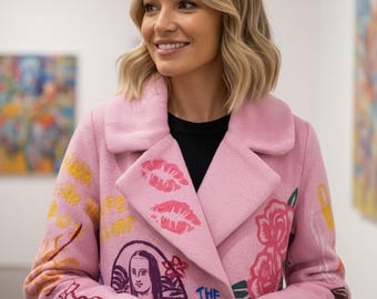 Hand Painted Pink Graffiti Coat, Pop Art Wool-Blend Jacket
