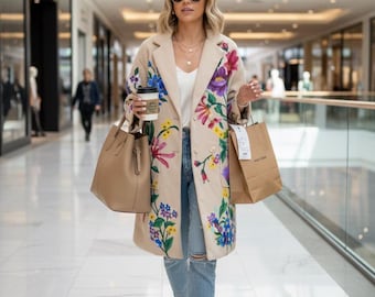Hand-Painted Floral Wool Blend Coat, Unique Art Jacket
