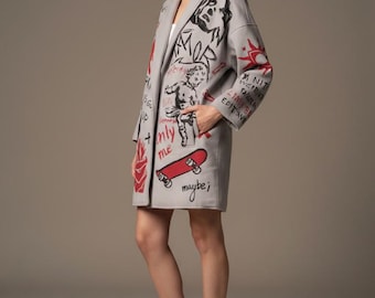 Hand-Painted Graffiti Wool Blend Coat, Street Style Jacket
