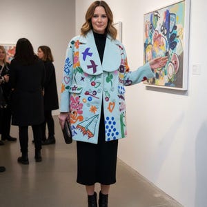 May include: A light blue coat with colorful embroidered designs, including birds, flowers, and abstract shapes. The coat has a large collar and is worn over a black dress and boots. The coat is a statement piece.