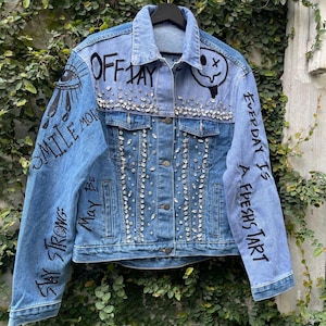 Handmade Denim Jacket | Streetwear Graffiti Jean Jacket | Oversized Punk Rock Jacket | Custom Distressed Art Jacket