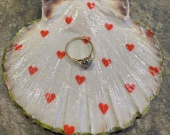 Decoupaged scallop shell art valentines gift Christmas gift heart shells red heart trinket dish ring dish heart shell hand decorated gift
