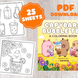 Cute Capybaras & Bubble Tea 25 digital coloring printable pages Kawaii Adorable Chibi Animals gift for her coloring book for children adults