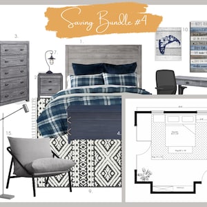 Paquete de ahorro n.° 4: plano de planta personalizado, tablero de ideas prediseñado, diseño electrónico, lista de compras en línea, tablero de ideas, diseño de muebles para el dormitorio