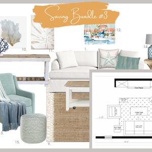 Saving Bundle #3 | Custom Floor Plan | Pre-designed Mood Board | eDesign | Virtual Design Shopping List | Coastal Living Room Design