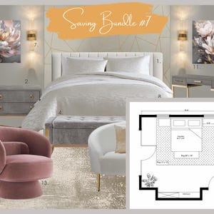 Lot économique n°7 | Tableau d'ambiance design de la chambre principale | Conception électronique| Meubles de chambre à coucher | Planification d'étage | Consultation virtuelle en design d'intérieur