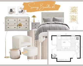 May include: A bedroom design plan with a gray bed, white armchair, and a white ottoman. The plan includes a floor plan with measurements in feet. The design also includes a dresser, two lamps, two abstract wall art pieces, and two gold metal wall art pieces.