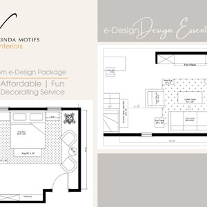 Puede incluir: Diseño de interiores con el texto "Two Room e-Design Package" y "Easy | Affordable | Fun Interior Decorating Service." El diseño incluye un dormitorio y una sala de estar con dimensiones de muebles.