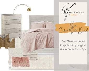 May include: A bedroom interior design mood board featuring a light pink bedspread, a white dresser, woven baskets, and decorative pillows. The image includes the text "Mini Custom Mood Board" and "Kinda Motifs Interiors".