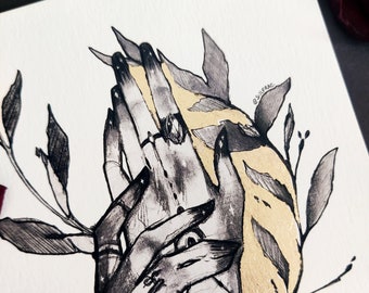 Gold leaf Art - dark aesthetic - gold foil painting - gold foil artwork - 250gsm textured paper - self taught artist - witch art