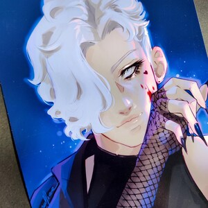 May include: A portrait illustration of a person with white hair, wearing a black shirt with a black fishnet sleeve, and a blue jacket. The person has blood on their face and is looking to the side.