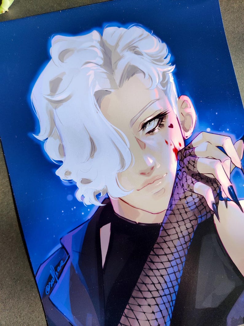 May include: A portrait illustration of a person with white hair, wearing a black shirt with a black fishnet sleeve, and a blue jacket. The person has blood on their face and is looking to the side.