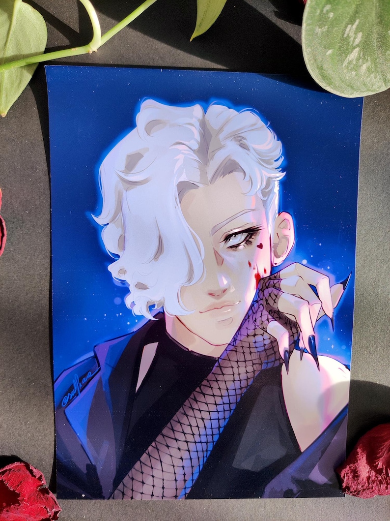 May include: A digital illustration of a person with white hair and a black outfit. The person has a black fishnet glove on one hand and is looking at the viewer. The background is a dark blue with white stars.