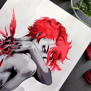 May include: Grayscale illustration of a person with vibrant red hair and accents. The person is depicted in a seated pose, with arms wrapped around themselves. The artwork is on white paper, with red details.