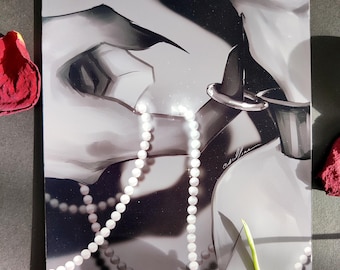 Pearls and leather Art print - suggestive art - Bondage drawing - NSFW art - OC art - 250gsm Thick poster paper - Monster lover