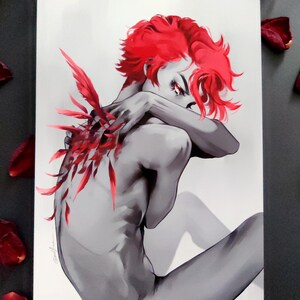 May include: A grayscale artwork depicting a person with bright red hair and red feather details on their back. The person is seated, arms crossed, with their face partly hidden. The image has a dramatic, artistic style, with a focus on colour contrast.