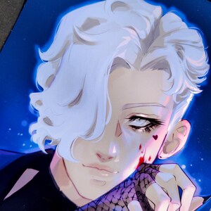 May include: A digital illustration of a person with white hair, wearing a black shirt and black gloves with a fishnet pattern. The person has blood on their face and a small heart shape drawn on their cheek.