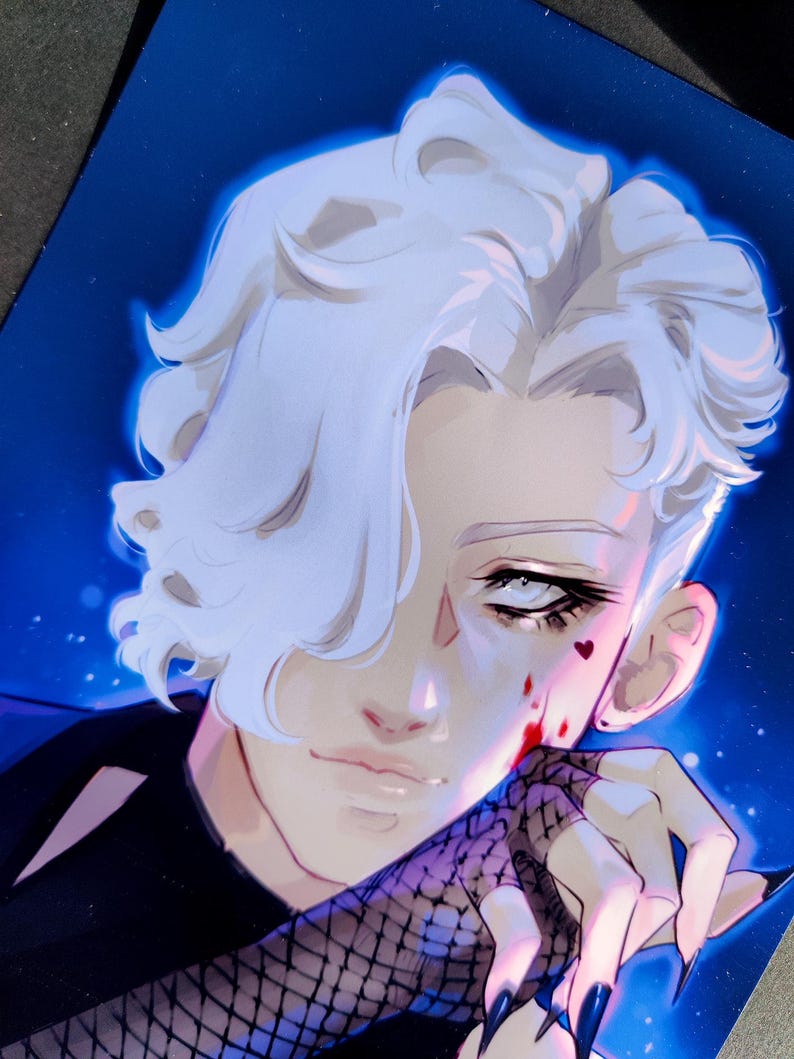May include: A digital illustration of a person with white hair, wearing a black shirt and black gloves with a fishnet pattern. The person has blood on their face and a small heart shape drawn on their cheek.
