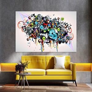 Puede incluir: Impresión de arte abstracto con un diseño colorido y en espiral con acentos negros, blancos, azules, verdes, rojos y amarillos. El diseño incluye formas geométricas, espirales y puntos.