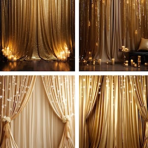 May include: Four different gold backdrop options for photography. The first is a wall of gold squares with gold glitter scattered on the floor. The second is a gold sequin curtain. The third is a gold curtain with white lights. The fourth is a gold satin curtain.