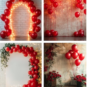 Könnte beinhalten: Eine Sammlung von sechs Fotohintergründen mit roten Luftballons, Lichterketten und Blumenarrangements. Die Bilder zeigen verschiedene Anordnungen von roten Luftballons in Bögen und Gruppen, kombiniert mit warmweißen Lichterketten und Grünpflanzen.