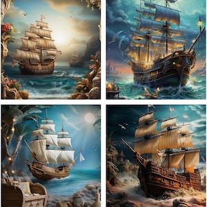 14 Piratenschiff digitaler Hintergrund, Geburtstagsparty virtuellen Hintergrund, Ozean Hintergrund Mockup, Photoshop Overlay Bearbeitungsvorlage mit Schiffen