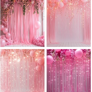 Digitale achtergrond met 6 roze ballonnen en bloemen, virtuele achtergrond verjaardagsfeestje, ballonboog met licht, bewerken Photoshop-overlay