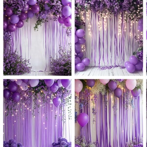 Pode incluir: Um cenário decorativo com balões roxos, fitas roxas penduradas e cachos de flores roxas. O arranjo inclui cordões de pequenas luzes brancas quentes integradas entre os elementos florais e as fitas, criando uma exibição em camadas.