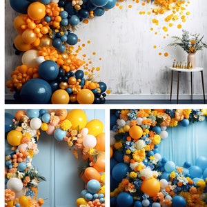 Blue and orange balloon arch, digital backdrop, digital download, birthday, maternity and wedding backdrop, studio background, photo editing