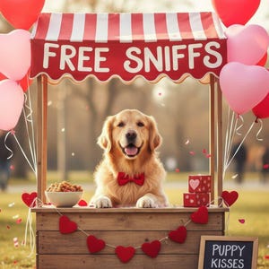 以下が含まれることがあります： 赤い蝶ネクタイをしたゴールデンレトリバー犬が、「FREE SNIFFS」と書かれた赤と白のストライプの天蓋のある木製の屋台の後ろにいます。 屋台はハート型の風船と「PUPPY KISSES $1」と書かれた看板で飾られています。