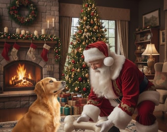 Santa offering dog treats: Christmas digital backdrop for dogs, virtual background for pets, photography overlay template (png)