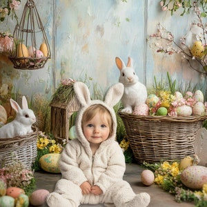 以下が含まれることがあります： クリーム色のウサギの衣装を着た子供が、イースターをテーマにした背景の前に座っています。白いウサギ、装飾された卵のバスケット、花の装飾が含まれています。卵が入った装飾的な鳥かごが上から吊り下げられています。