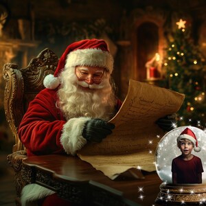 Puede incluir: Papá Noel con traje y gorro rojos, leyendo un pergamino. Una bola de nieve con un niño con gorro de Papá Noel está sobre la mesa. Un árbol de Navidad y velas crean una escena festiva.