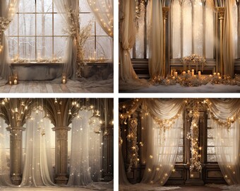 Christmas decor digital backdrops, elegant windows with curtains virtual background for weddings, photo editing template, photoshop overlay