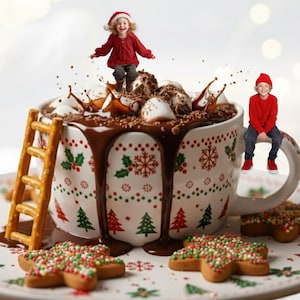 Puede incluir: Imagen navideña caprichosa con una taza grande rebosante de chocolate caliente, malvaviscos y virutas de chocolate. La taza está decorada con copos de nieve, acebo y árboles de Navidad. Galletas de jengibre y una escalera de pretzel completan la escena.