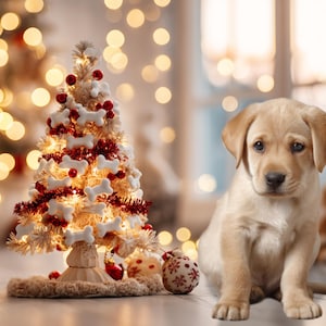 Christmas tree digital backdrop for dogs, pet mom Xmas virtual background, dog photography overlays editing template, studio prop mockup