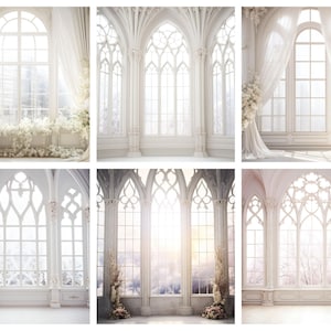 Könnte beinhalten: Ein weißer Raum mit sechs großen Bogenfenstern. Die Fenster haben komplizierte Designs und sind von weißen Säulen eingerahmt. Der Raum ist hell beleuchtet und hat einen weißen Boden.