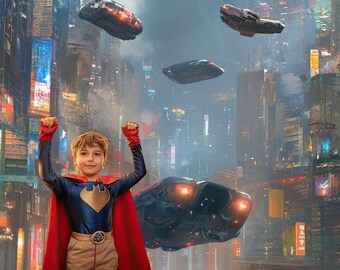 Futuristic city superhero themed birthday party digital backdrop, flying cars virtual background, photoshop overlays template, studio prop