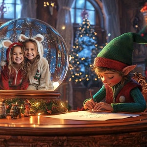 May include: A festive Christmas scene features two children in a snow globe wearing cozy pajamas. An elf sits at a table writing, with a Christmas tree in the background. The scene is warmly lit with a focus on holiday cheer.