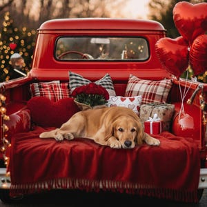 Könnte beinhalten: Ein roter Oldtimer-Pickup-Truck-Bett ist mit Kissen, Geschenken und herzförmigen Luftballons dekoriert. Ein Golden Retriever-Hund liegt auf einer roten Decke in der Ladefläche. Die Szene ist festlich, mit Lichterketten und Herzdekorationen.