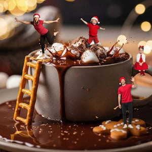 Puede incluir: Una imagen caprichosa de una taza gigante de chocolate caliente desbordándose sobre un plato. Personas en miniatura con gorros de Papá Noel están posicionadas alrededor de la taza, con una escalera de pretzel que conduce al chocolate. Malvaviscos y galletas de jengibre completan la escena festiva.
