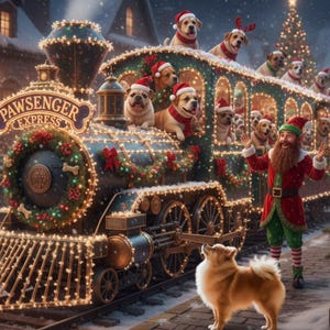 以下が含まれることがあります： 「Pawsenger Express」と書かれた、サンタ帽をかぶった犬たちが乗った、装飾された列車が登場するお祝いのクリスマスのシーン。エルフが横から手を振り、犬が彼を見上げています。列車はライトと休日の装飾で飾られています。