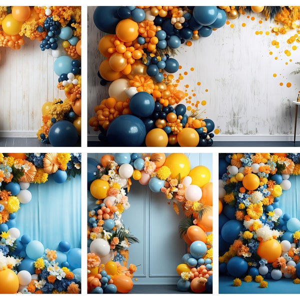 Blue and orange balloon arch, digital backdrop, digital download, birthday, maternity and wedding backdrop, studio background, photo editing