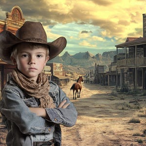 Cowboy western village digital backdrop, 2 cowgirl wild west virtual backgrounds, photoshop overlay editing template, studio prop mockup