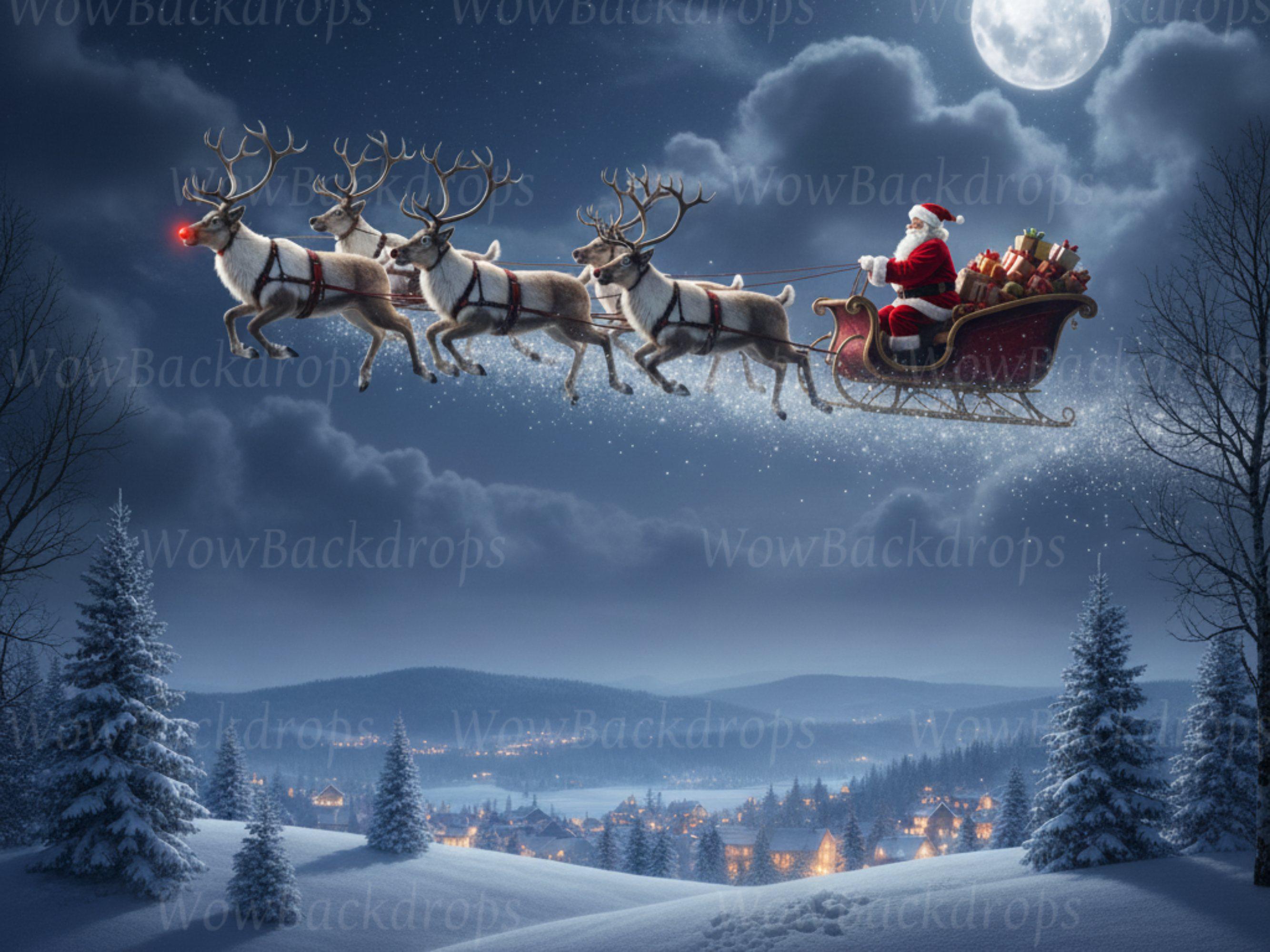Santa Sleigh And Reindeer Digital Backdrop Christmas Background santa-sleigh-and-reindeer-digital-backdrop-christmas-background