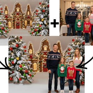 May include: A festive Christmas backdrop with a gingerbread house and snow-covered trees adorned with red, green, and gold baubles. A family of four in matching Christmas jumpers is also shown.