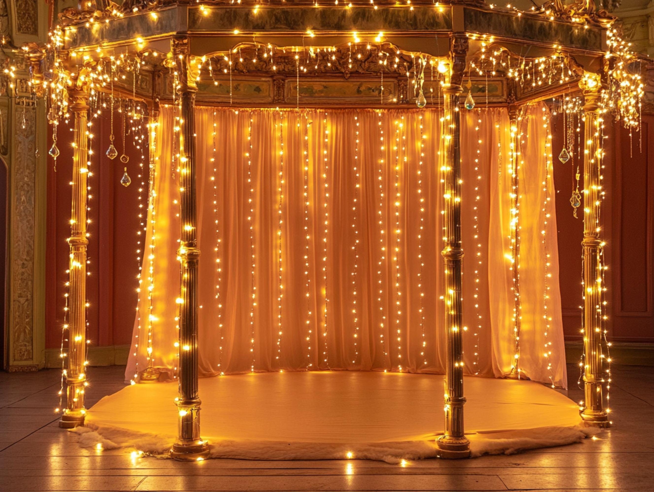 Wedding Digital Backdrop, Curtain of Lights Indian Wedding Stage