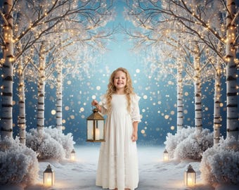 May include: A young girl in a white dress holding a lantern in a winter wonderland scene. The background features snow-covered bushes, birch trees with fairy lights, and a blue sky with bokeh lights. The lantern is a bronze colour.
