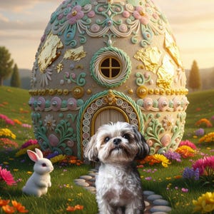 Könnte beinhalten: Eine Ostern-Illustration zeigt ein eiförmiges Haus mit aufwendigen Blumen- und Blattgolddetails. Ein flauschiger Hund und ein weißes Kaninchen befinden sich in einer bunten, blumenreichen Wiese, was eine charmante, festliche Szene ergibt.