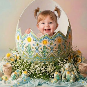 May include: A smiling baby peeks out from a large, decorated Easter egg. The egg is adorned with a blue, yellow, and green floral pattern. A stuffed bunny and decorated eggs sit in front of the egg, surrounded by flowers.